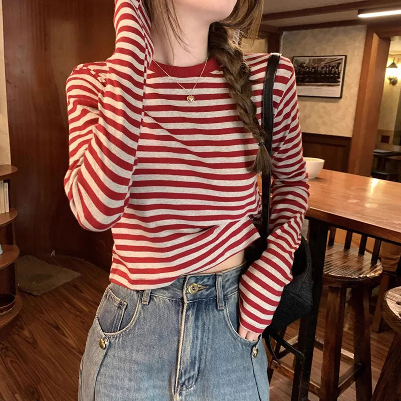 Vintage Long Sleeve Striped T Shirt Women Soft Chic Tees Color Blocking Casual Pullover Woman 2026 Spring Summer New Crop Tops