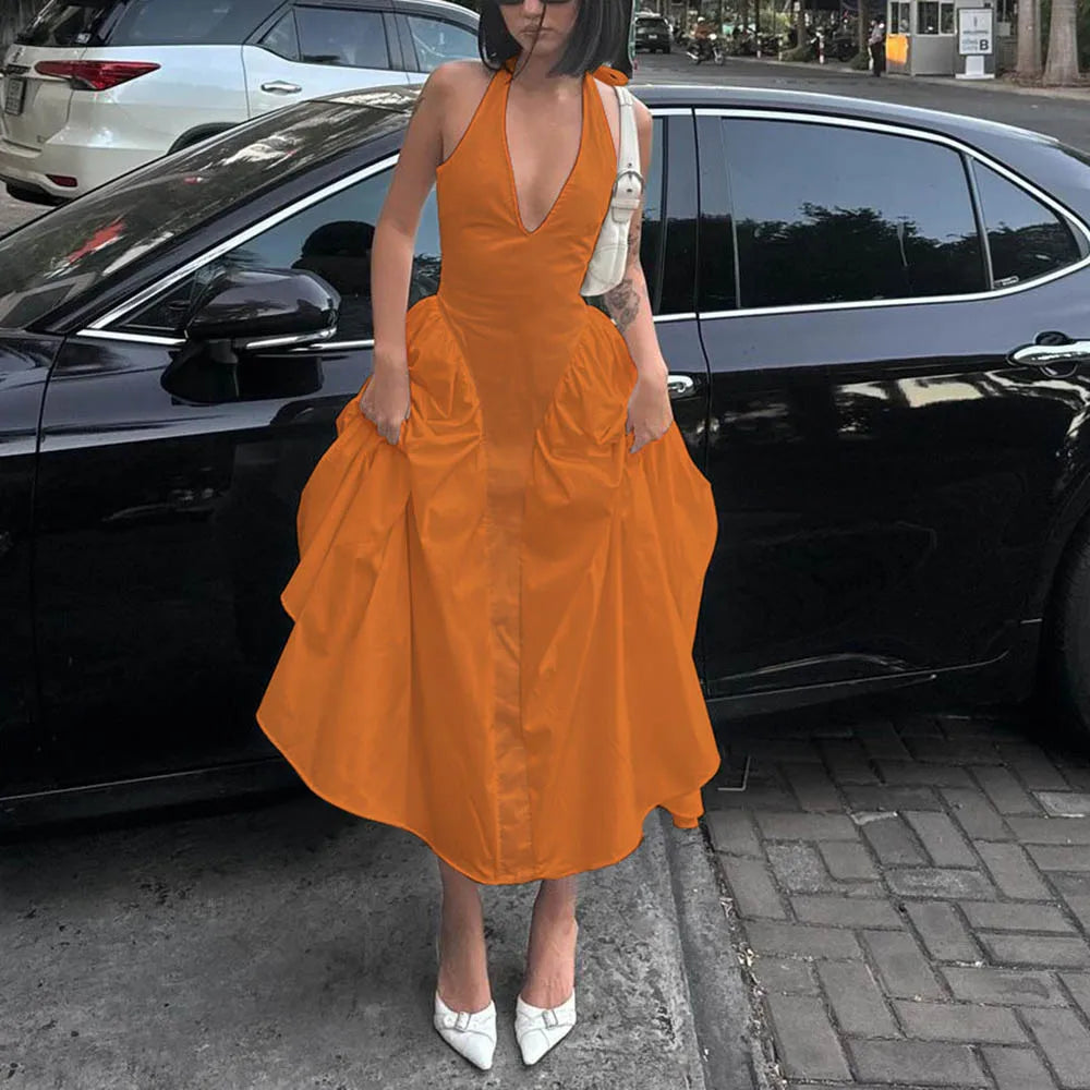 Backless Deep V Halter Maxi Dress