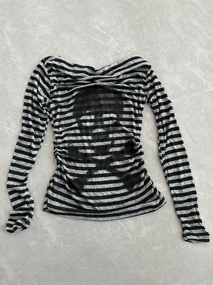 Gothic Skull Stripe Off-Shoulder Long Sleeve Tee