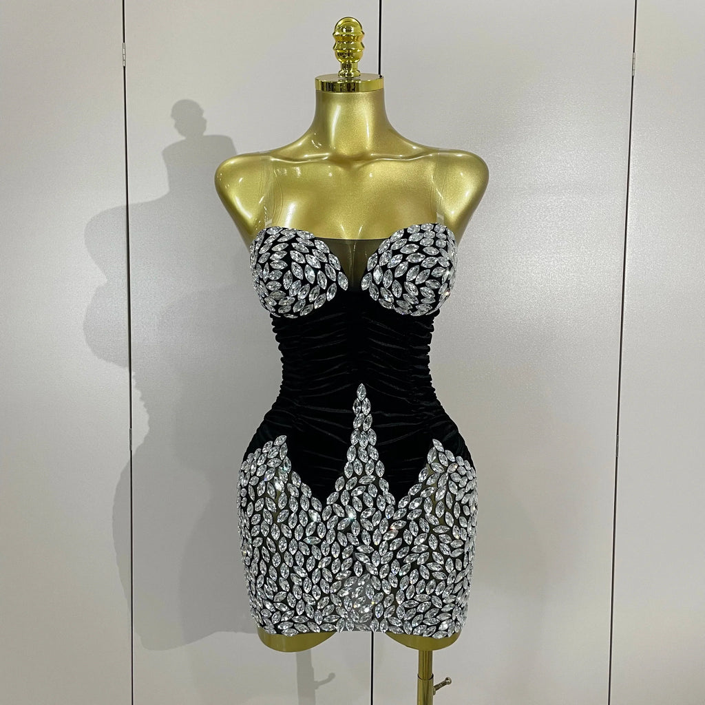 Women's Sparkly Diamond Mesh Velvet Mini Dress