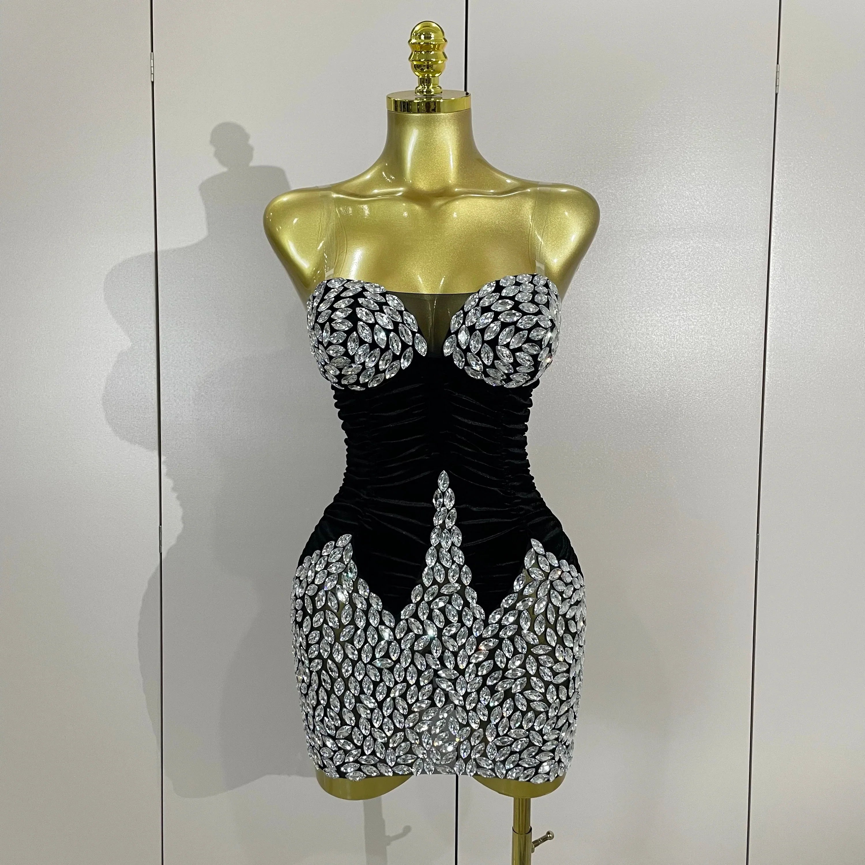 Women's Sparkly Diamond Mesh Velvet Mini Dress