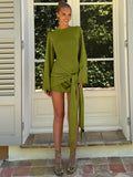 Elegant O-Neck Long Sleeve Slim Fit Lace Up Mini Dress Ladies Solid Casual Clothes Party Club Outfit