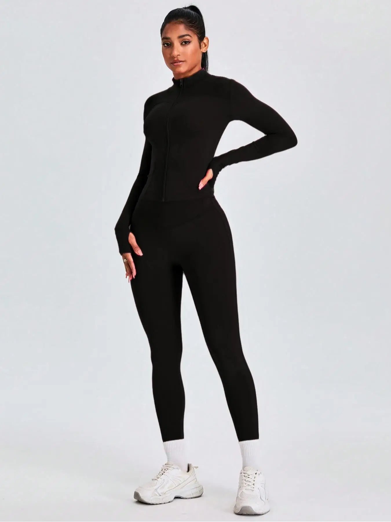 Mock Neck Zip-Up Jacket & High Waist Leggings Set