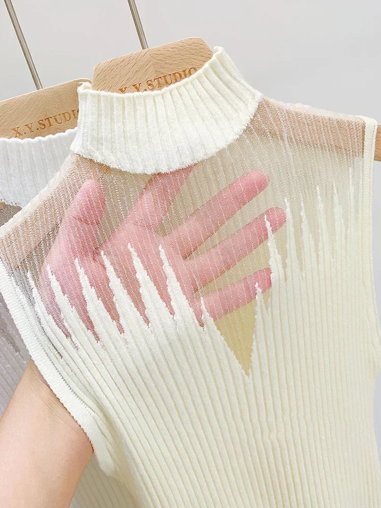 Mesh Knit Half Neck Cut Out Sleeveless Tube Top