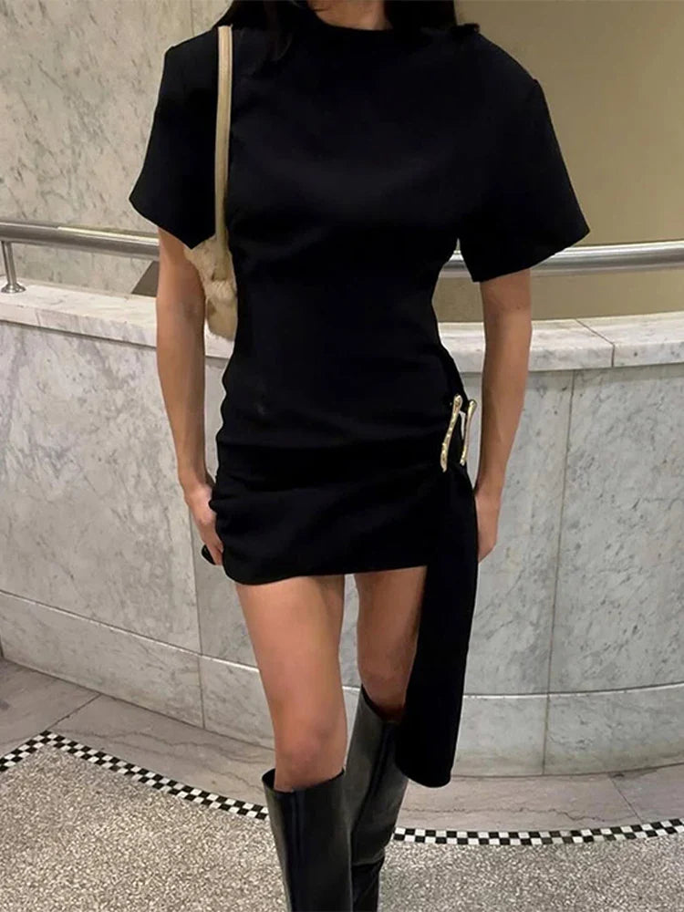 O-Neck Ribbon Button Short Sleeve Mini Dress