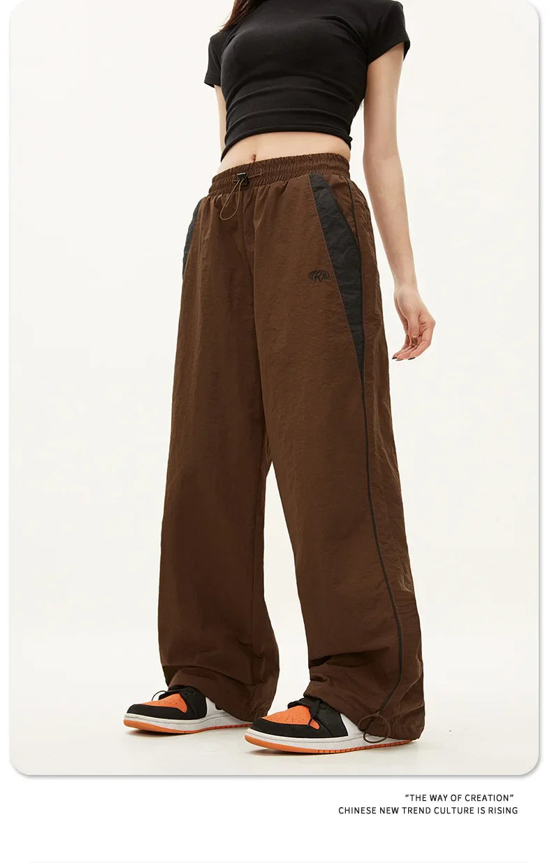 High Waist Wide Leg Patchwork Pants Loose Fit Elastic Waist Pockets