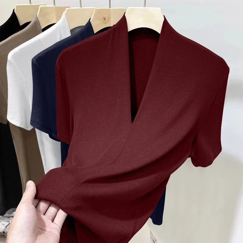 Ribbed V-Neck Short Sleeve Top | Slim Fit Plus Size Women's Summer Tee