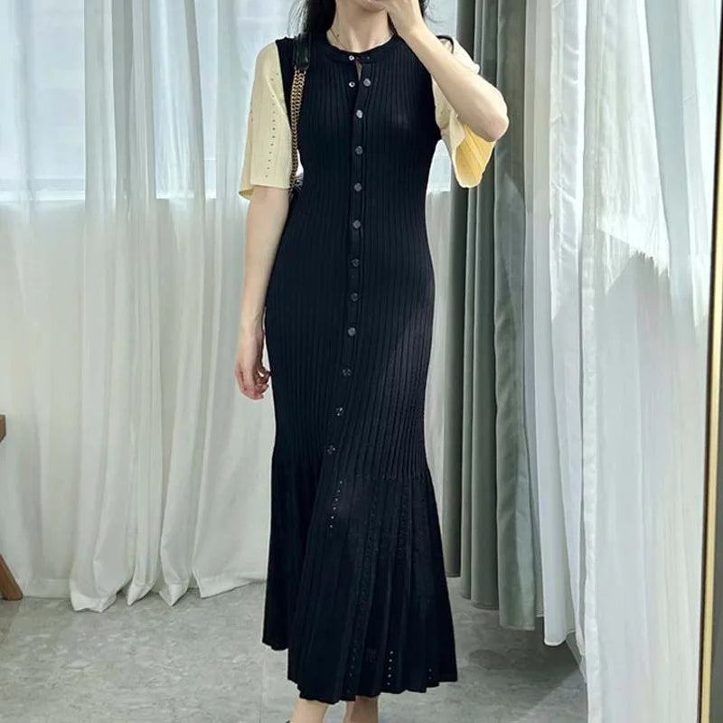 Knitted Mermaid Midi Dress Round Neck Hollow Slimming Fishtail