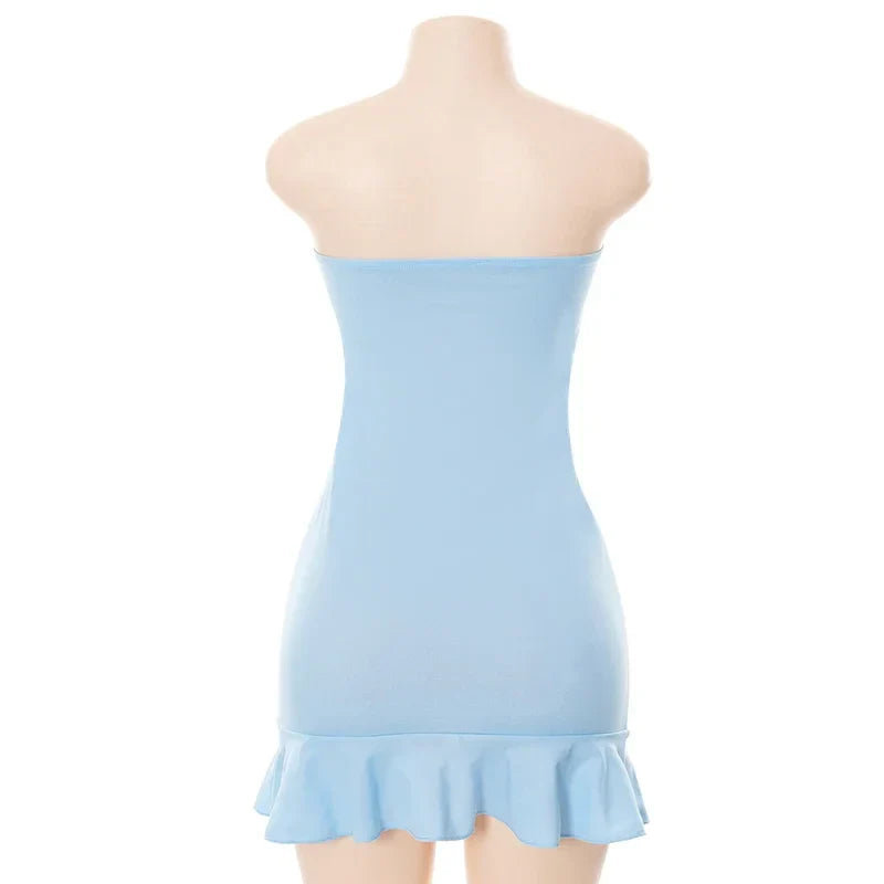 Women Soft Tender Slight Blue Strapless Wrap Hipster Mini Pleated Dress Pullover Sexy Charm Outfits Girls Dating Wear