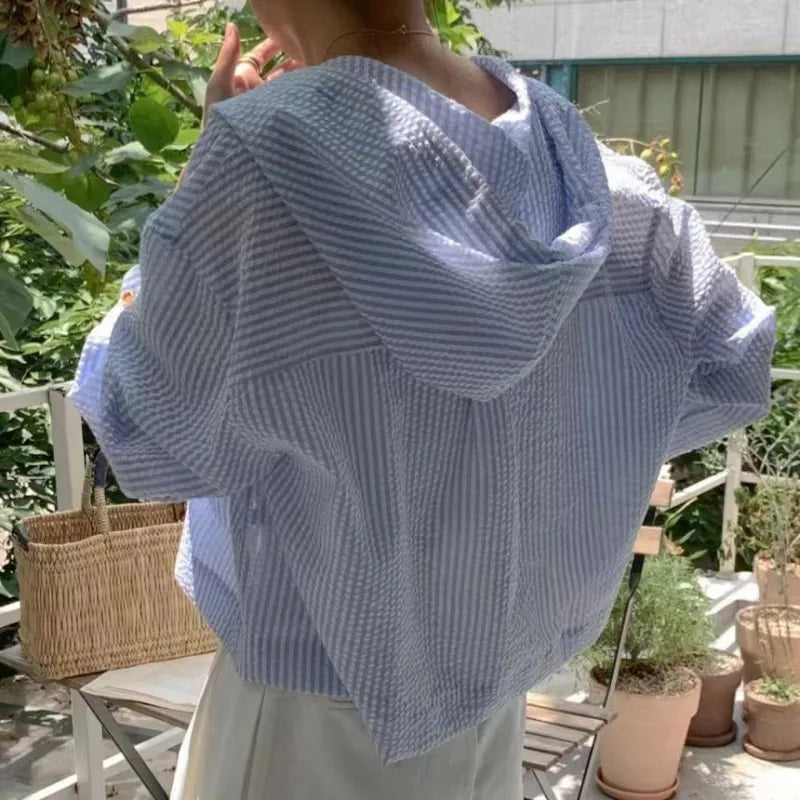 Striped Hooded Single-Breasted Long Sleeve Loose Shirt