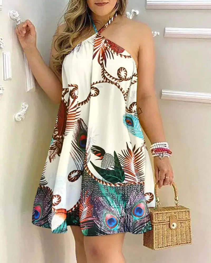 Tropical Print Halter Neck Backless Mini Dress