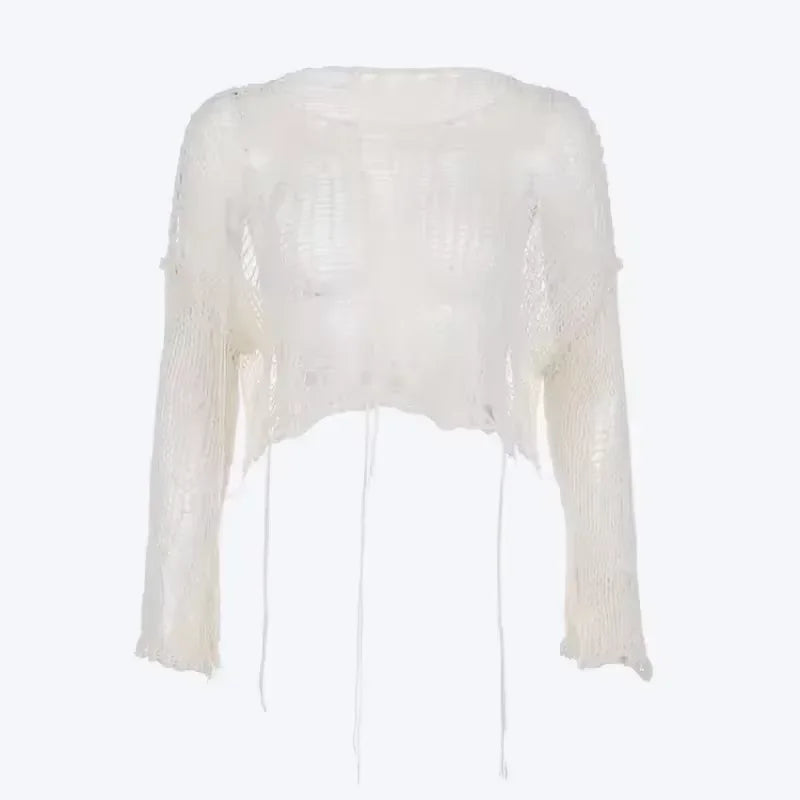 Round Neck Hollow-Out Ripped Cropped Knit Top Long Sleeve Loose Fit