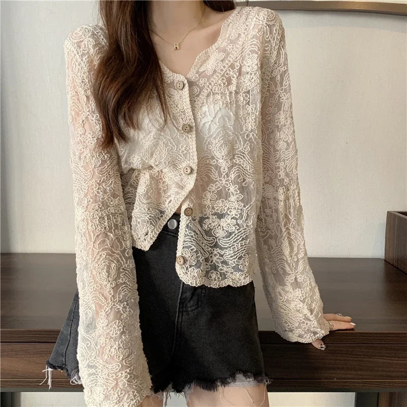 Women's V-Neck Long Sleeve Hollow-Out Lace Loose Blouse