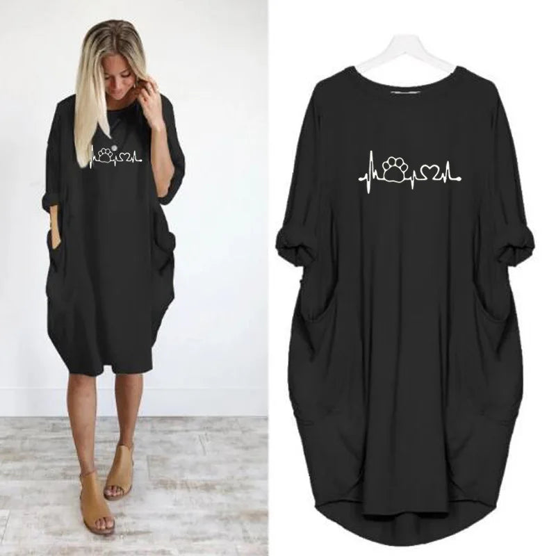 Plus Size Loose Pullover Dress Women Long Sleeve Round Neck Casual Pocket