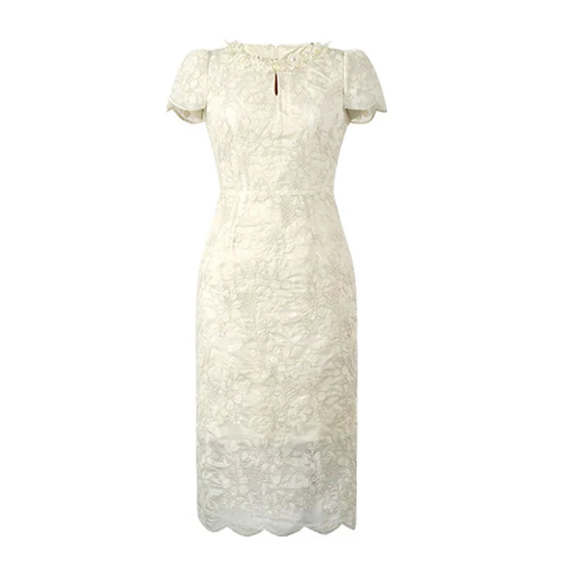 Women's Elegant Floral Embroidery Midi Dress
