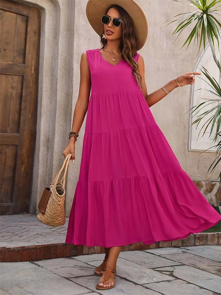 Women's Casual A-Line Tank Dress - V-Neck Sleeveless Midi Dress