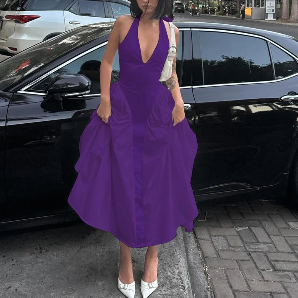 Backless Deep V Halter Maxi Dress