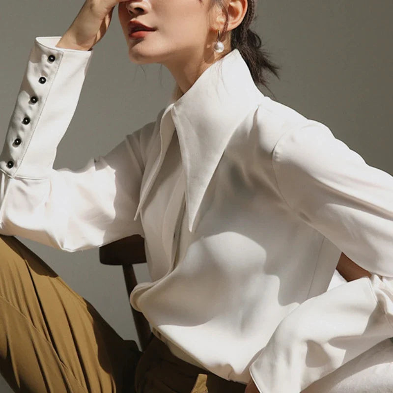 Women's Satin Button-Up Blouse - Long Sleeve Turn-Down Collar Shirt