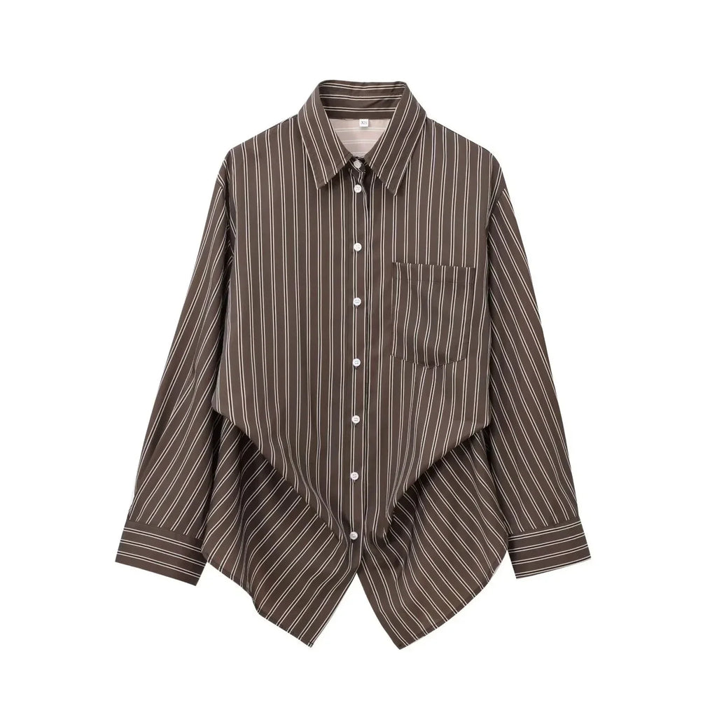 Women's Striped Button-Up Shirt - Long Sleeve Turn-Down Collar Blouse