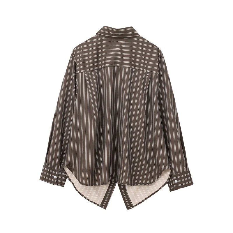 Women's Striped Button-Up Shirt - Long Sleeve Turn-Down Collar Blouse