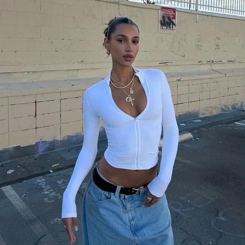 Long Sleeve V-Neck Zipper Slim Fit Tee Sexy Clubwear Streetwear