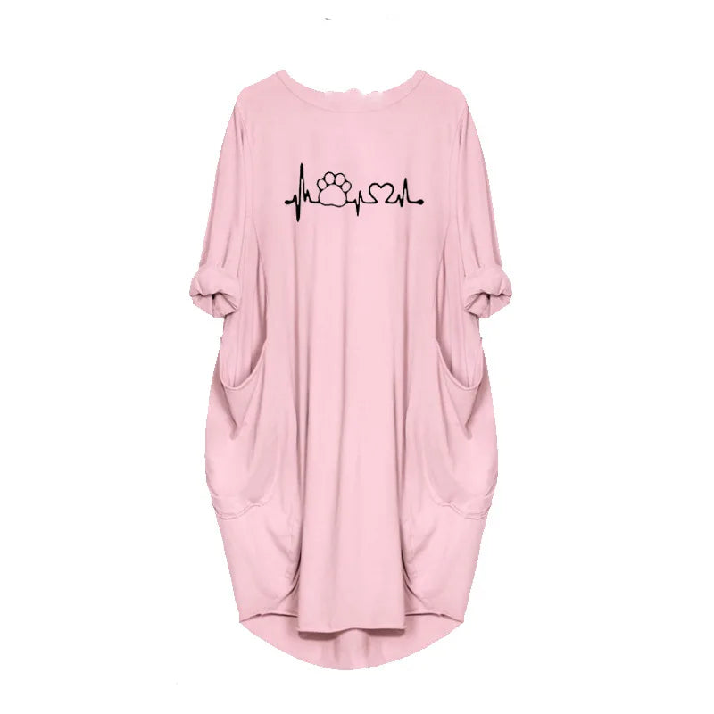 Plus Size Loose Pullover Dress Women Long Sleeve Round Neck Casual Pocket