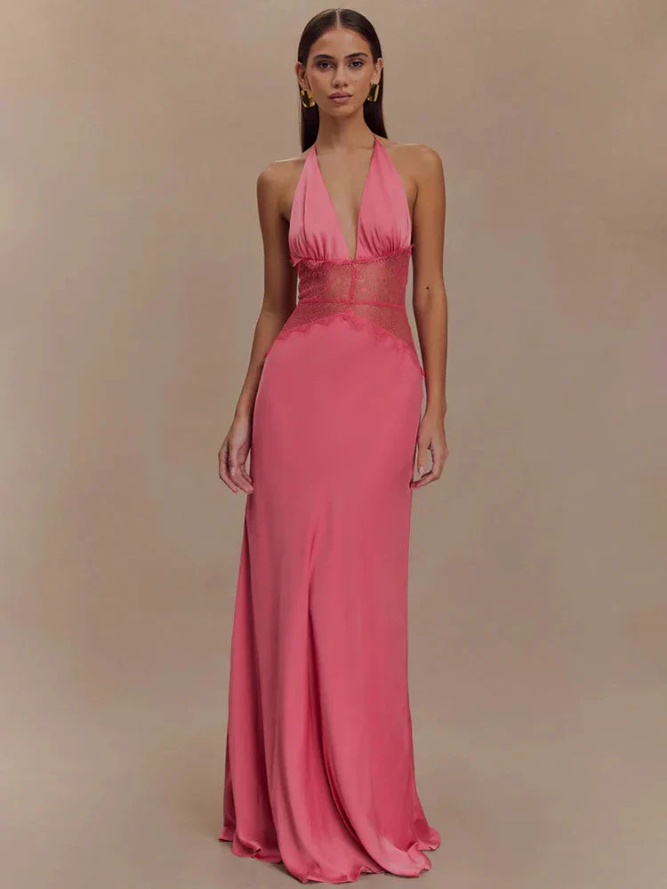 Backless Lace Halter Deep V Neck Maxi Dress | Women's Elegant Evening Gown