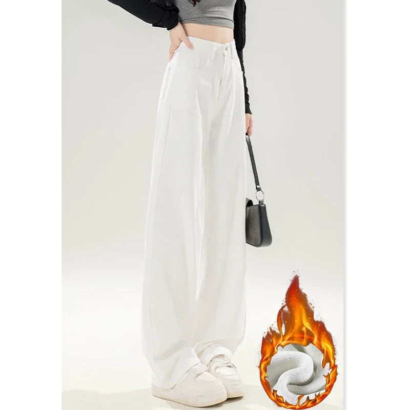 High Waist Fleece-Lined Slim Straight Jeans