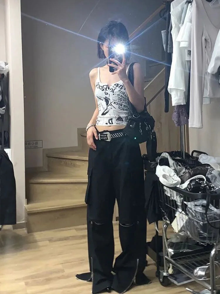Y2K Punk Print Ribbed Sleeveless Crop Tank Top