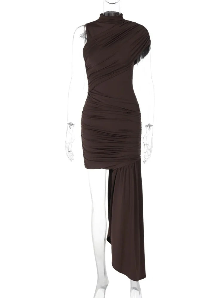 Mozision Irregular Draped Ruched Sexy Mini Dress For Women Elegant Turtleneck Sleeveless High Waist Pleated Club Party Dress