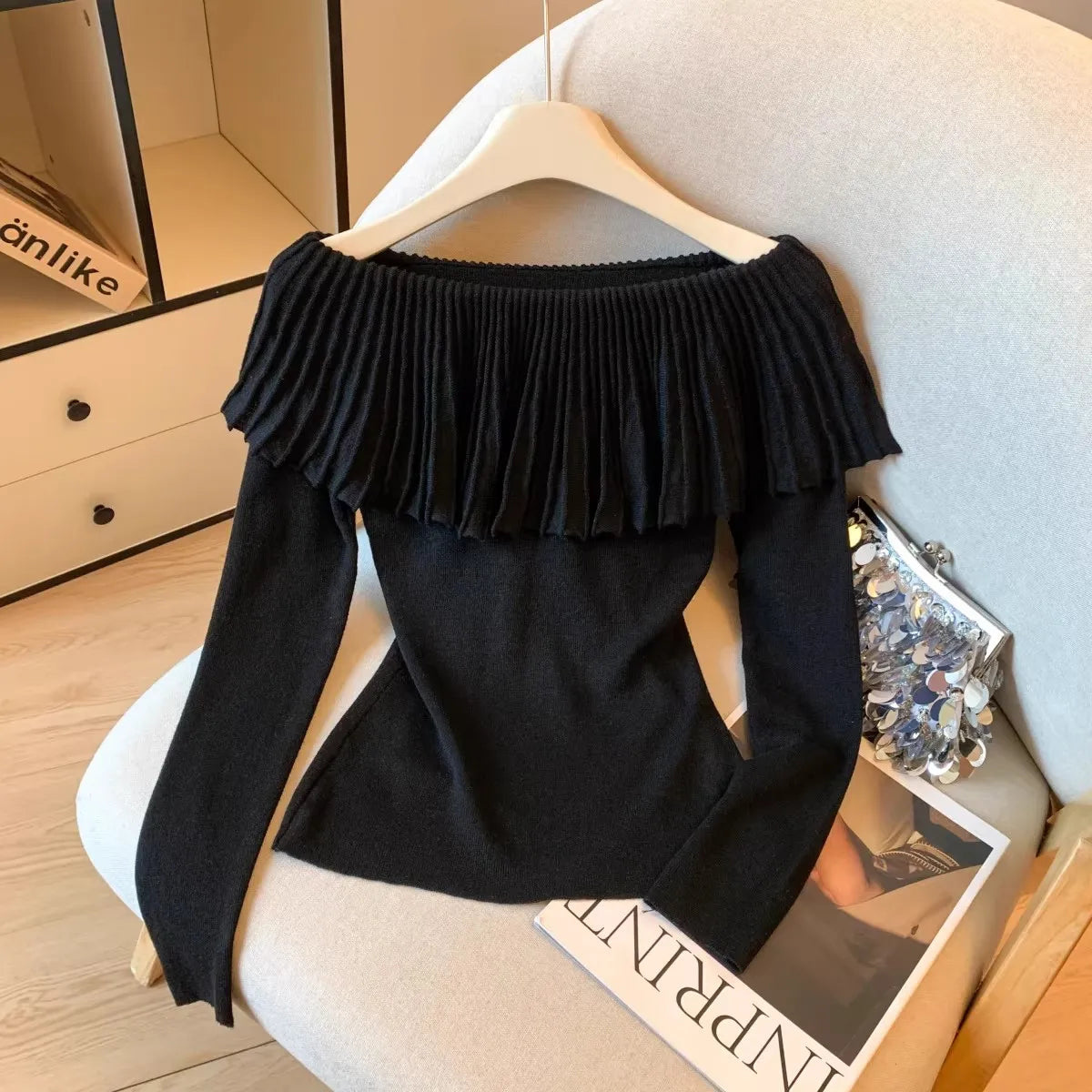 Slash Neck Ruffle Sweater Long Sleeve Regular Fit Pullover