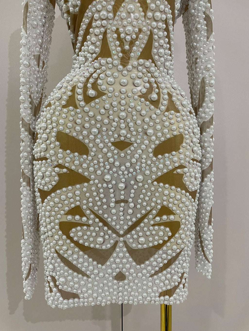 Rhinestone Pearl Mesh Evening Gown