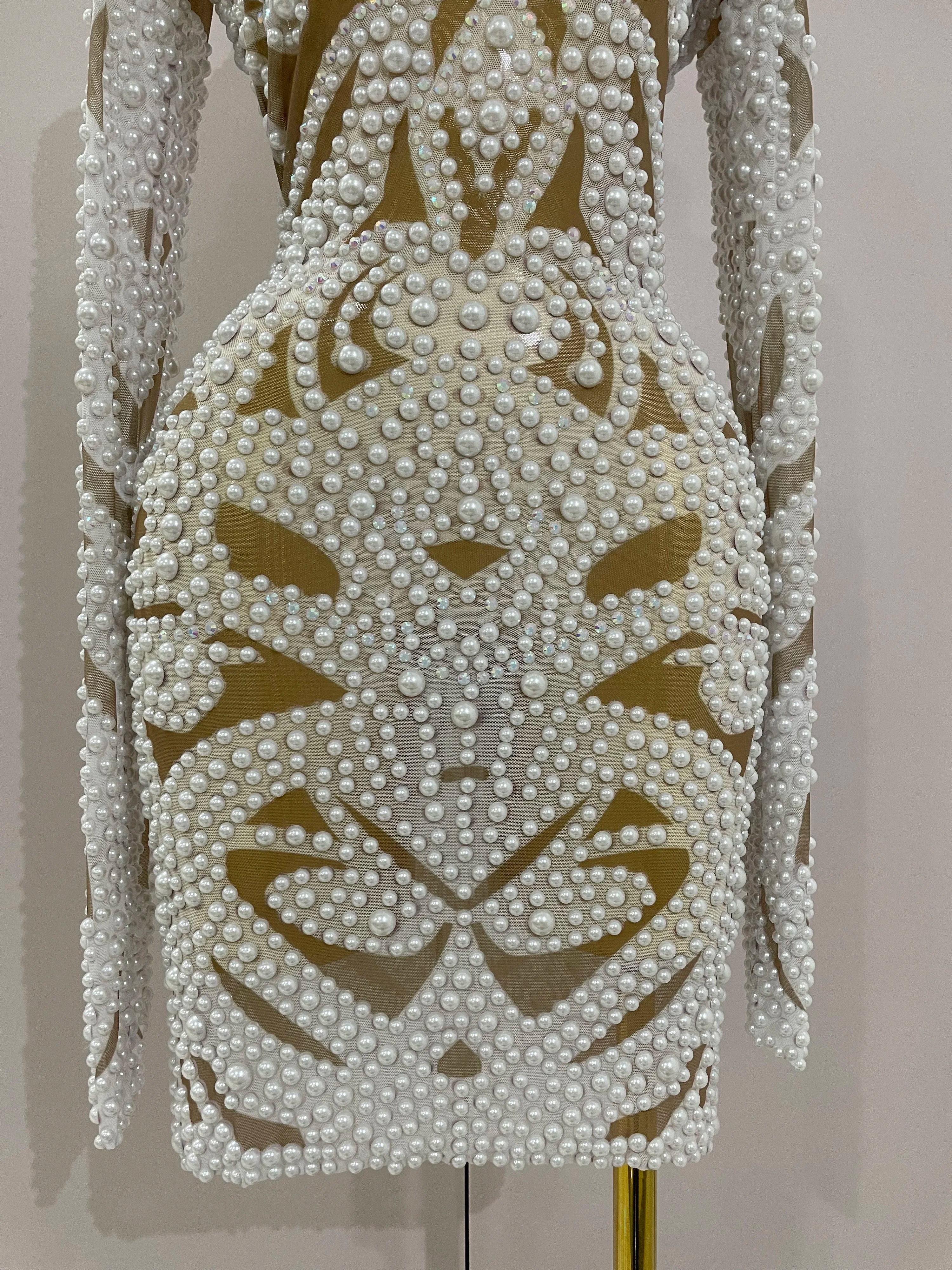 Rhinestone Pearl Mesh Evening Gown
