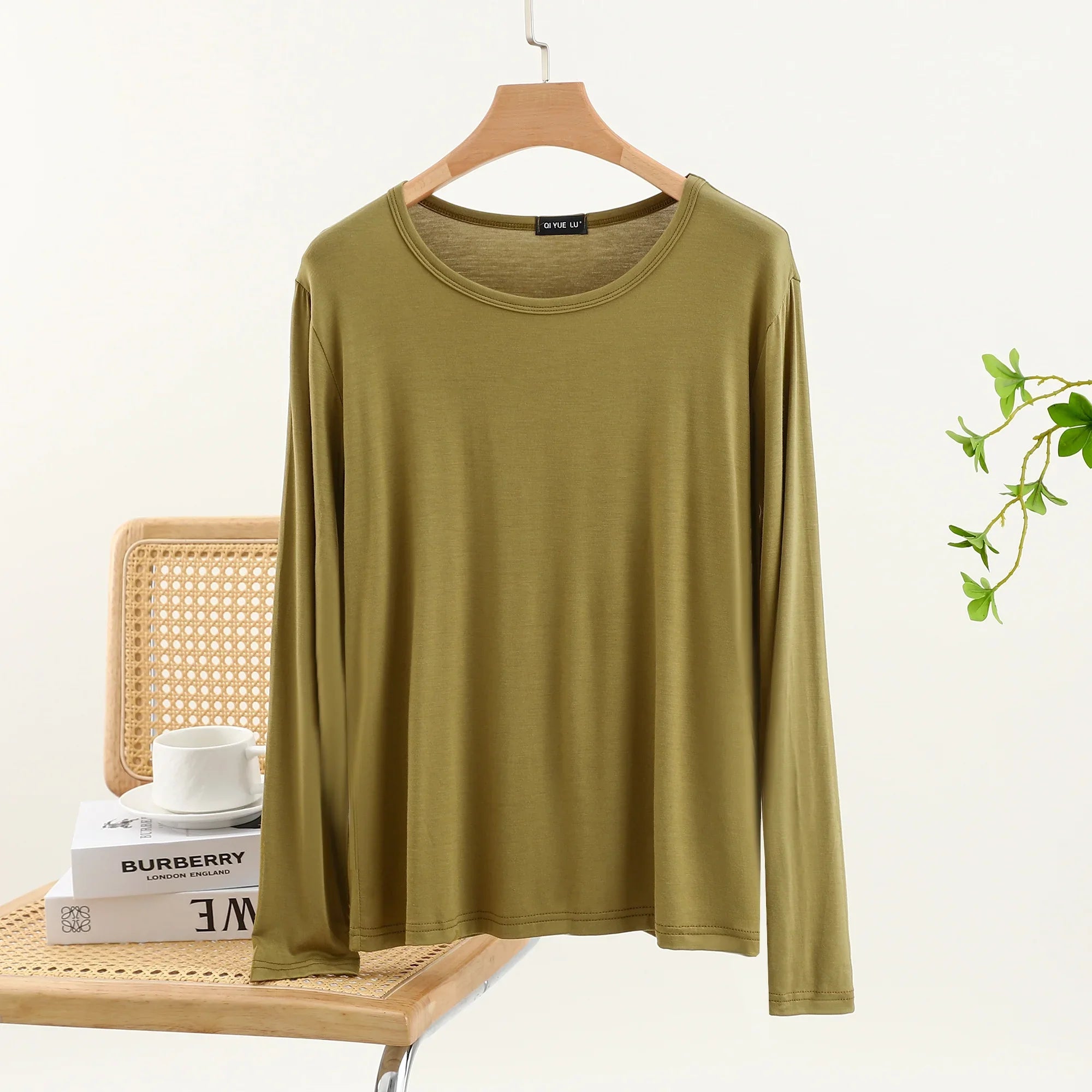 Casual Modal Long Sleeve T-Shirt Women's Spring Thin Round Neck Base Shirt Loose Fit Plus Size Slim Pure Color Top