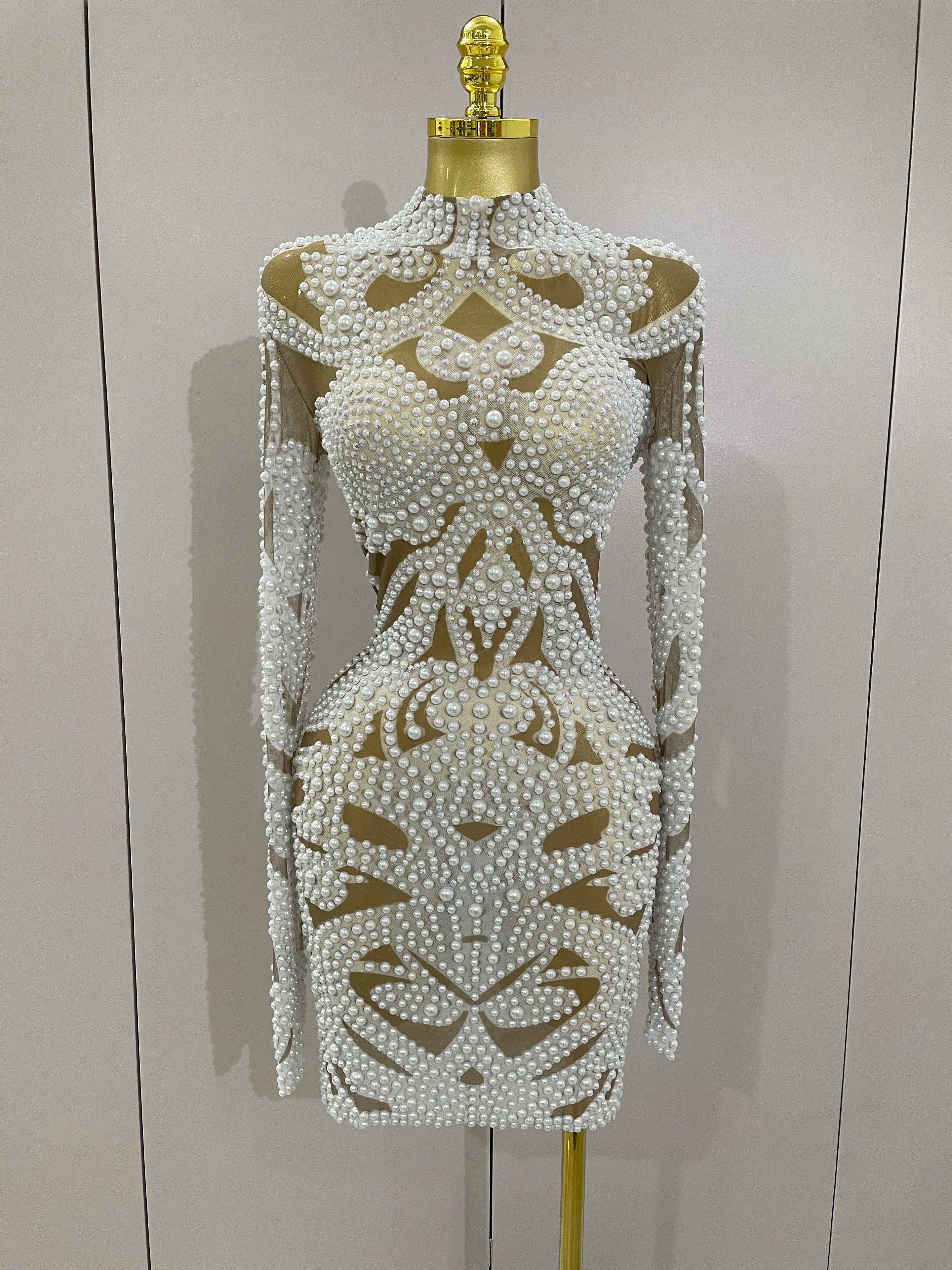 Rhinestone Pearl Mesh Evening Gown