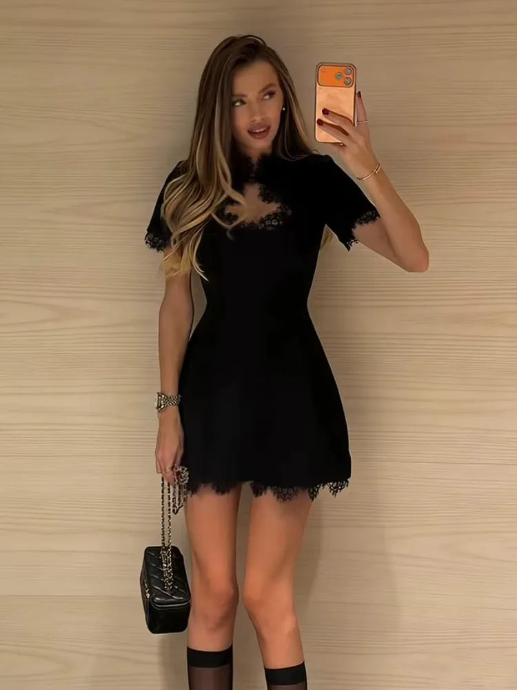 Women's Black Lace Hollow-Out Mini Dress