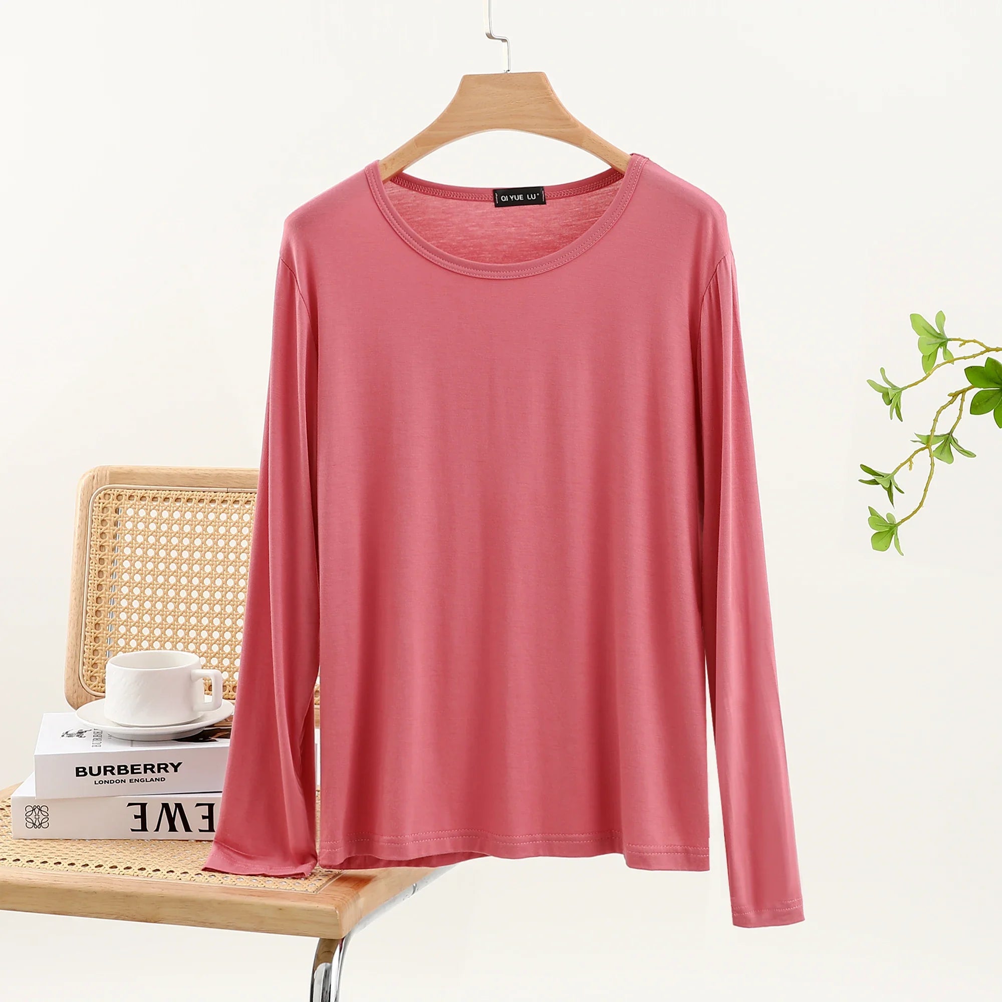 Casual Modal Long Sleeve T-Shirt Women's Spring Thin Round Neck Base Shirt Loose Fit Plus Size Slim Pure Color Top