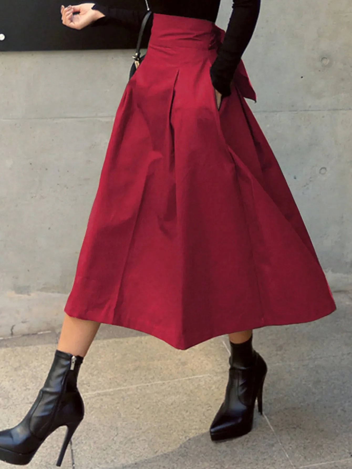 Women's A-Line Skirt - High Waist Preppy Style with Bow