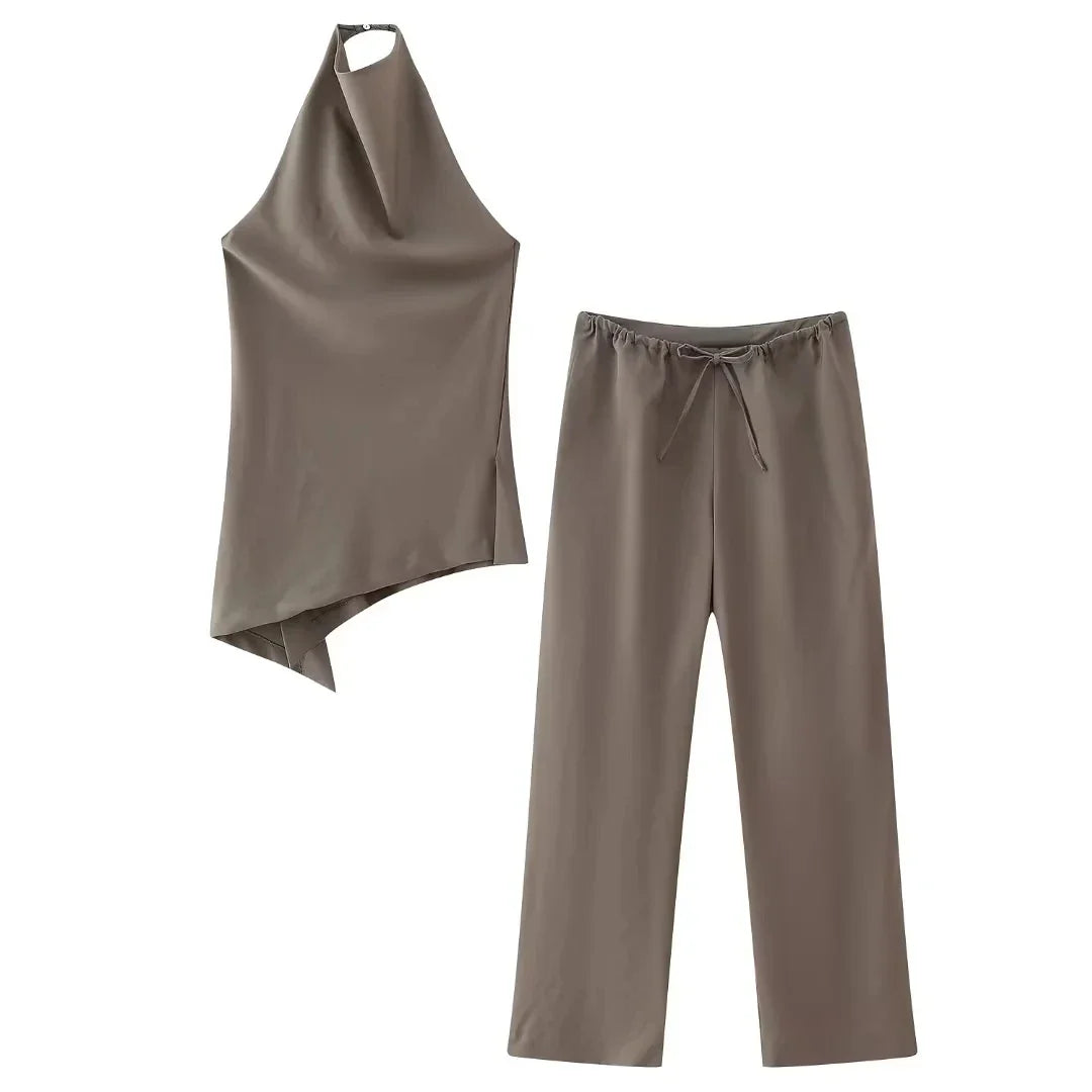 Backless Halter Top & Wide-Leg Pants Set