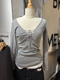 Bandage Lace Trim Long Sleeve T-shirt  Sexy V-neck Cotton Slim Tshirt Top Female Casual Simple Solid Elegant Woman's Tees