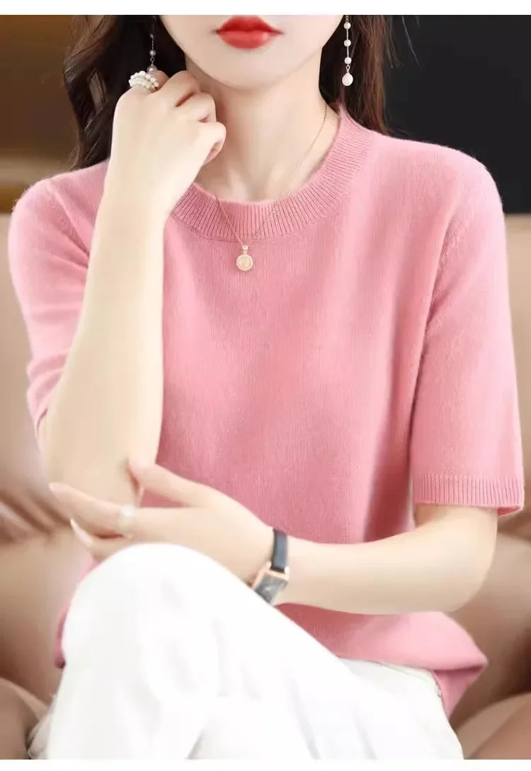 Round Neck Short Sleeve Knit Top Regular Fit Pullover