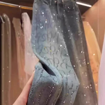 Women's Jeans 2025 New Style Heavy Industry High-end Versatile High-waisted Slim Straight Pants Blue Two-color Hot Diamond Jeans