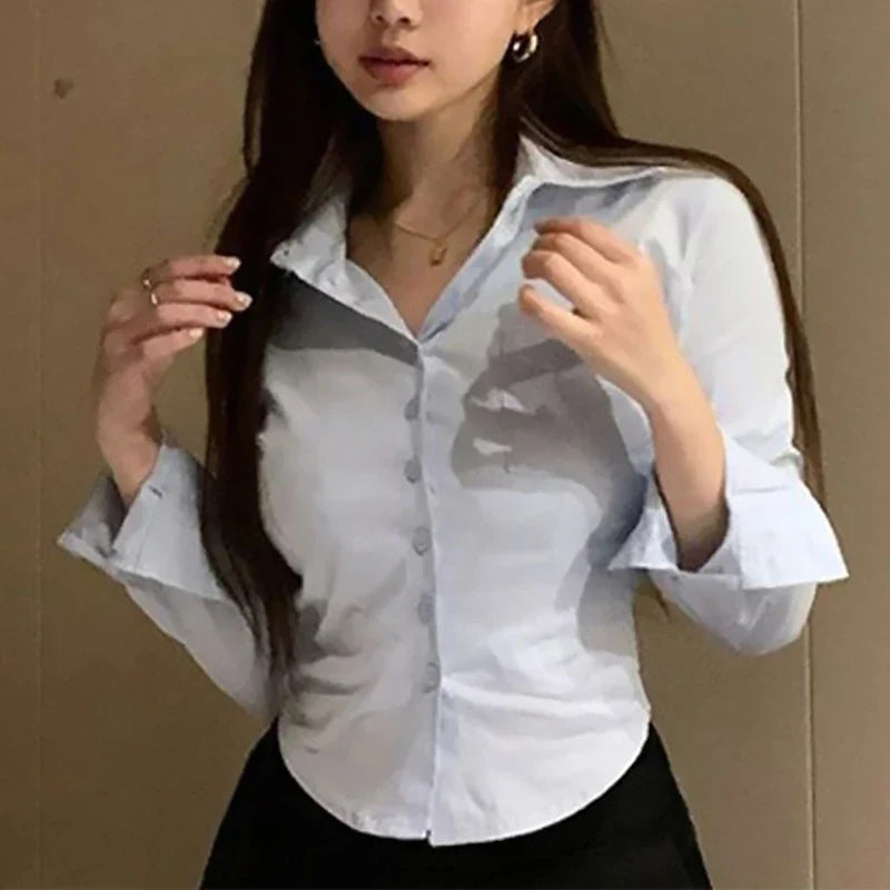 Long Sleeve Crop Chiffon Blouse | Women's Korean Office Button Lapel Top