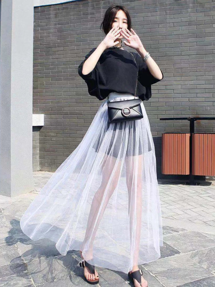 Women's Lace Mesh Transparent Maxi Skirt