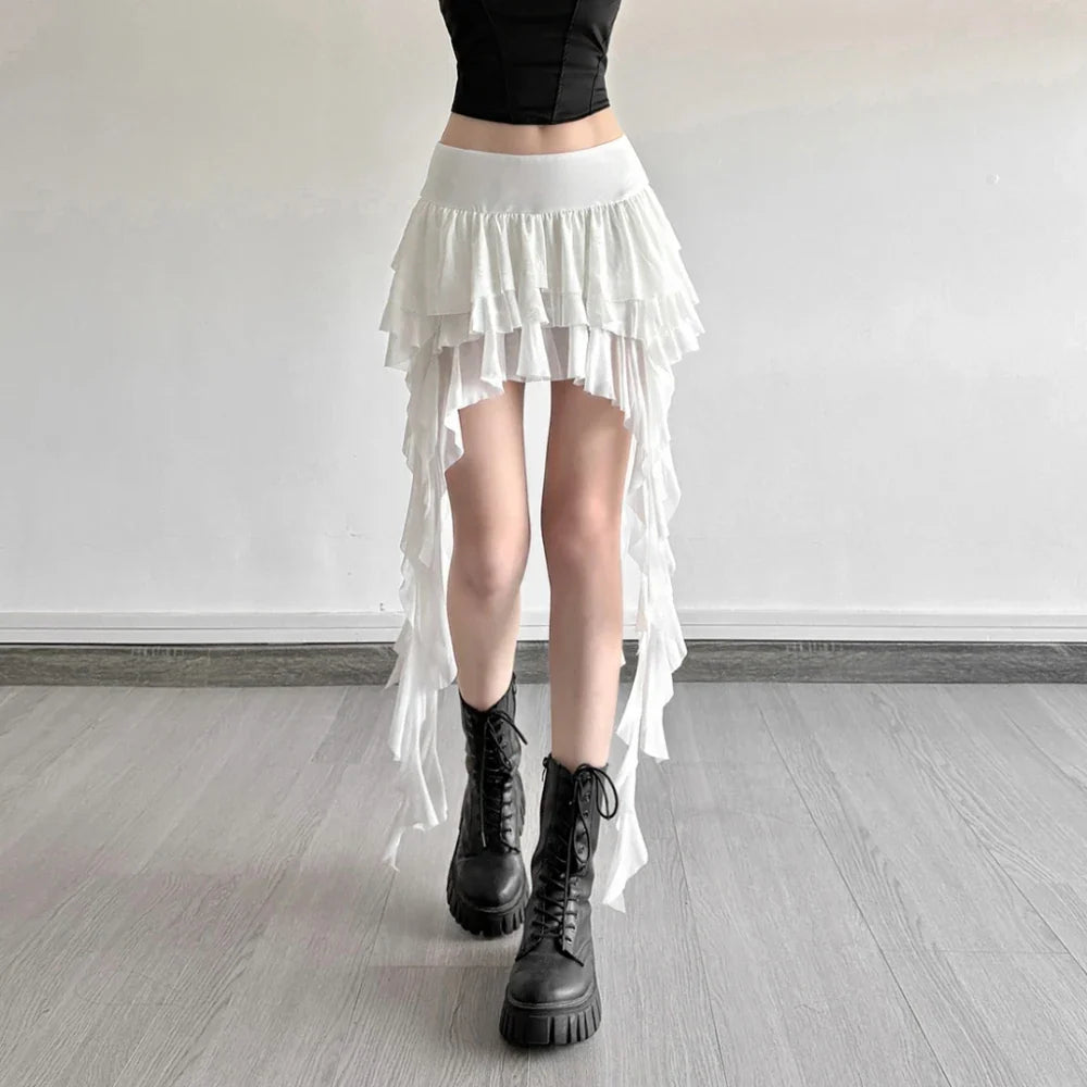 SylCue Ruched Elegant Mini Skirts Women Y2K Sweet Style Elastic Waist Ruffles Tassel Street Fashion Trend Solid Classic Outfits
