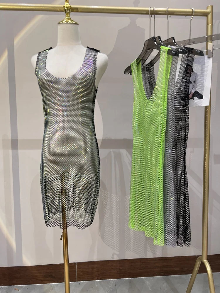 Sexy Sleeveless Skeleton Glitter Rhinestone Dress Mesh See Through Round Neck Midi Party Dress