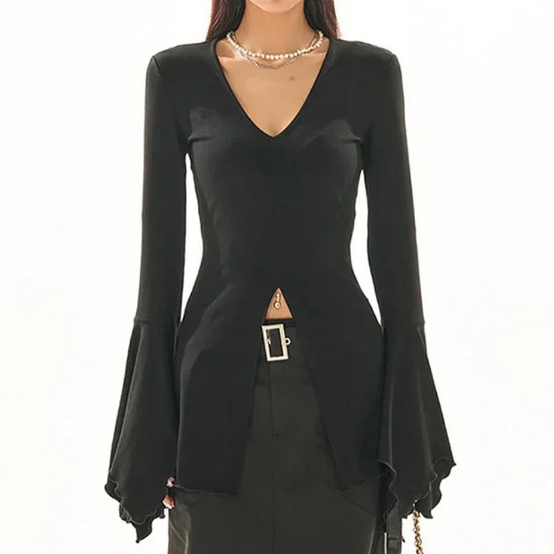 Goth Dark Fairy Grunge Long Flare Sleeve V-Neck Split Lettuce Ruffles Hem Slim Fit Blouse Y2K Alt