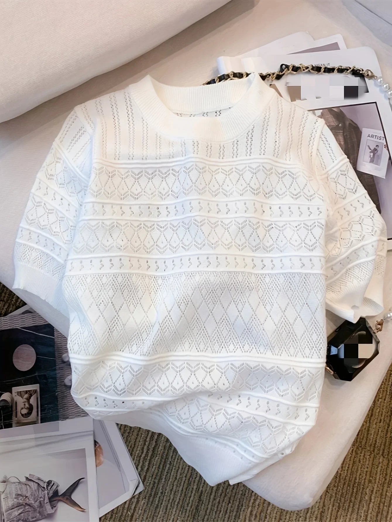 Round Neck Hollow-Out Knit Top Short Sleeve Slim Fit Cropped Pullover