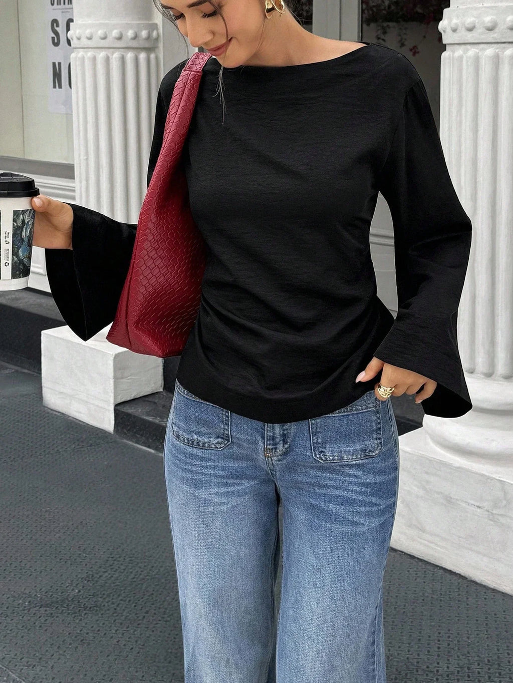 Women's Boat Neck Flare Sleeve Top with Back Tie