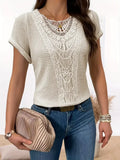 Plus Size 1XL-5XL Women's  Short Sleeve Vibrant Lace Splicing Crew Neck T-Shirt  Ladies Fashion Trim Semi-Sheer Round Neck Shirt